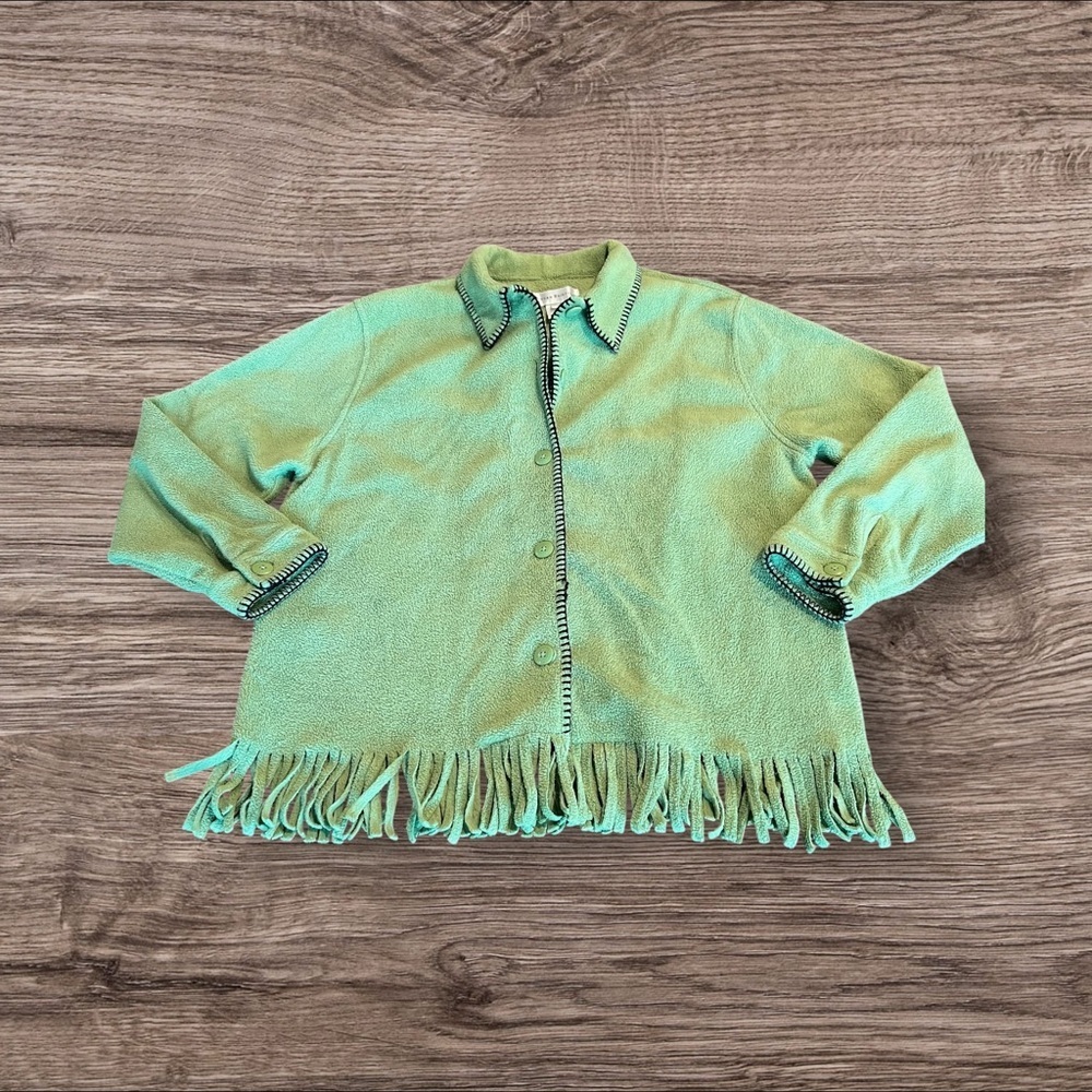 Susan Bristol Retro Fringed Spring Green Fleece Plush Soft Cozy Jacket Shacket L